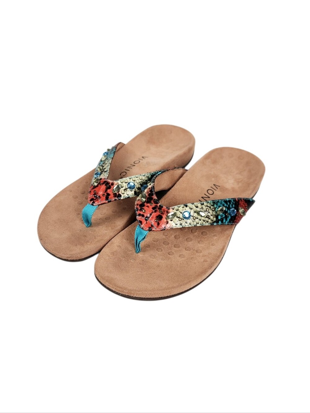 Vionic Lucia Blue Teal Snake Rhinestone Toe Post Orthotic Sandal Womens Size 6.5